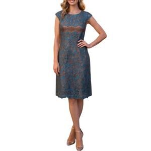Suzi Chin Maggie Boutique Y2K Women's Dress Lace Shift Party Size 6 Blue Brown